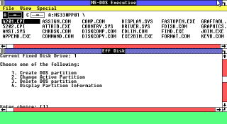 Windows 1.0 running fdisk and a file browser